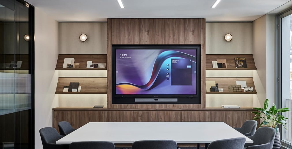 An office meeting room with video conferencing technology