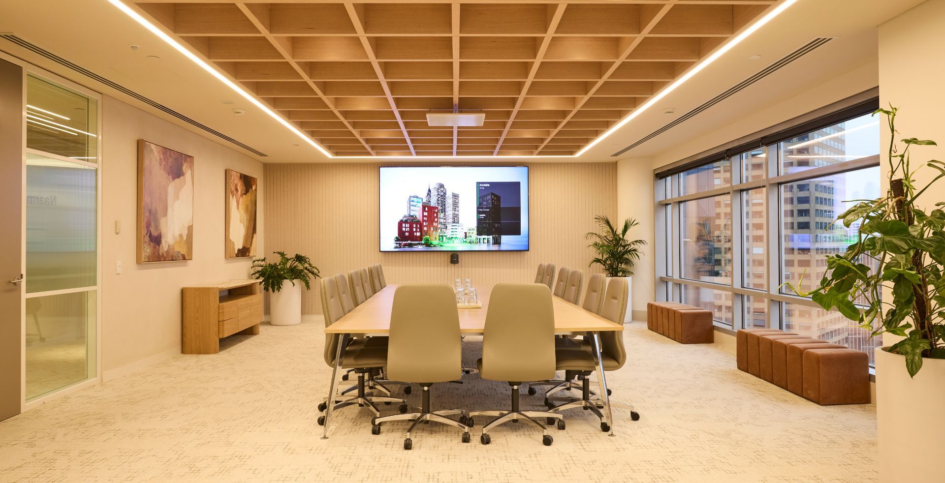 Knight Frank Melbourne boardroom with timber coffered ceiling and integrated technology.