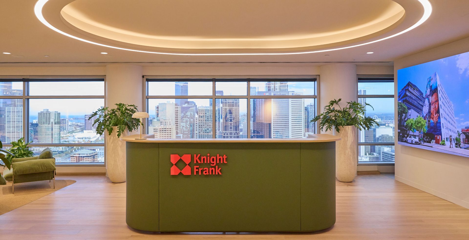 Reception space balancing hospitality-inspired design, integrated technology and natural light.