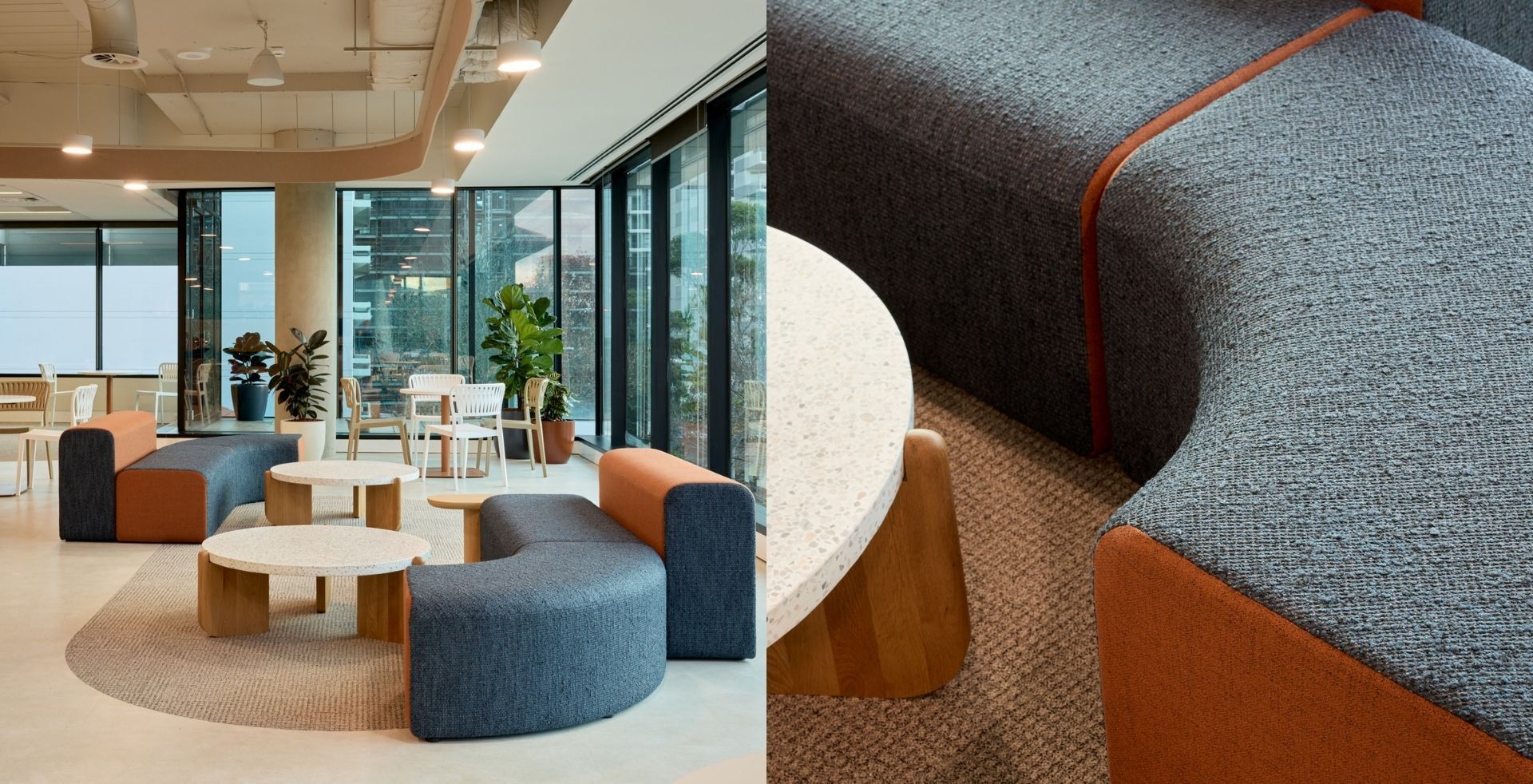 IRT breakout space designed by Amicus with coastal blue seating and warm escarpment-inspired accents