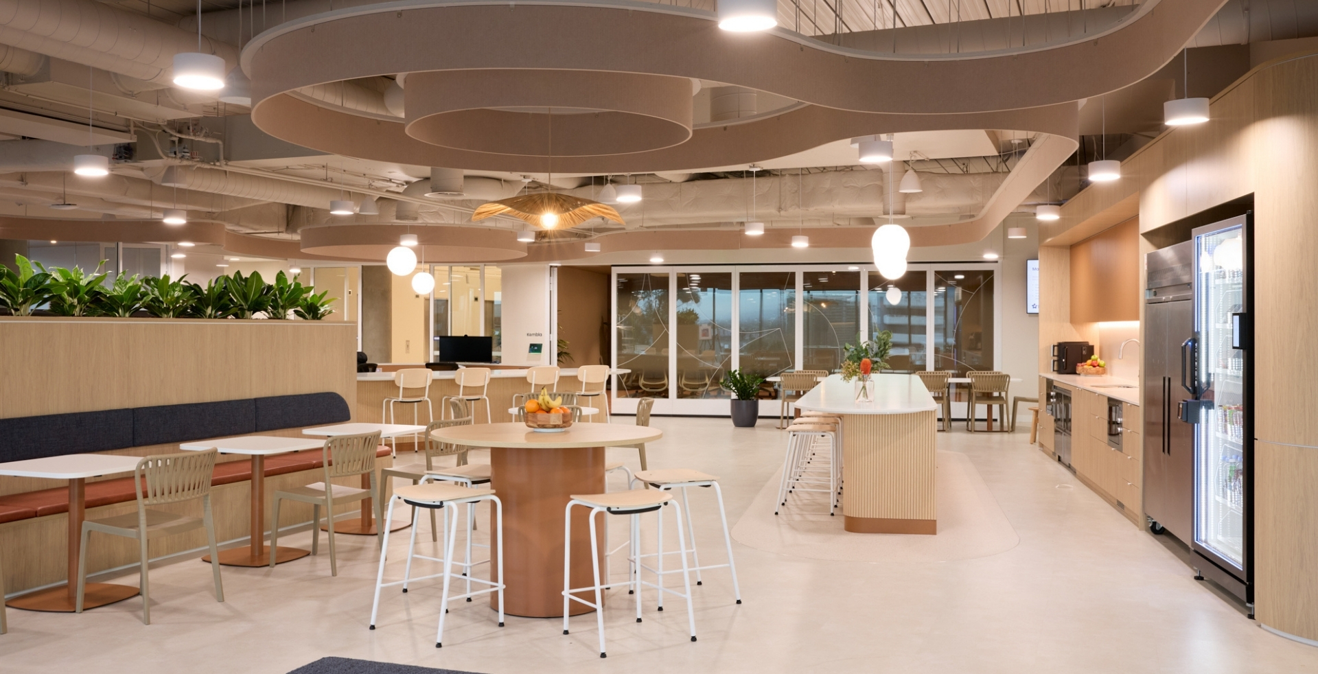 IRT’s central social hub designed by Amicus with café seating, timber finishes and curved acoustic panels