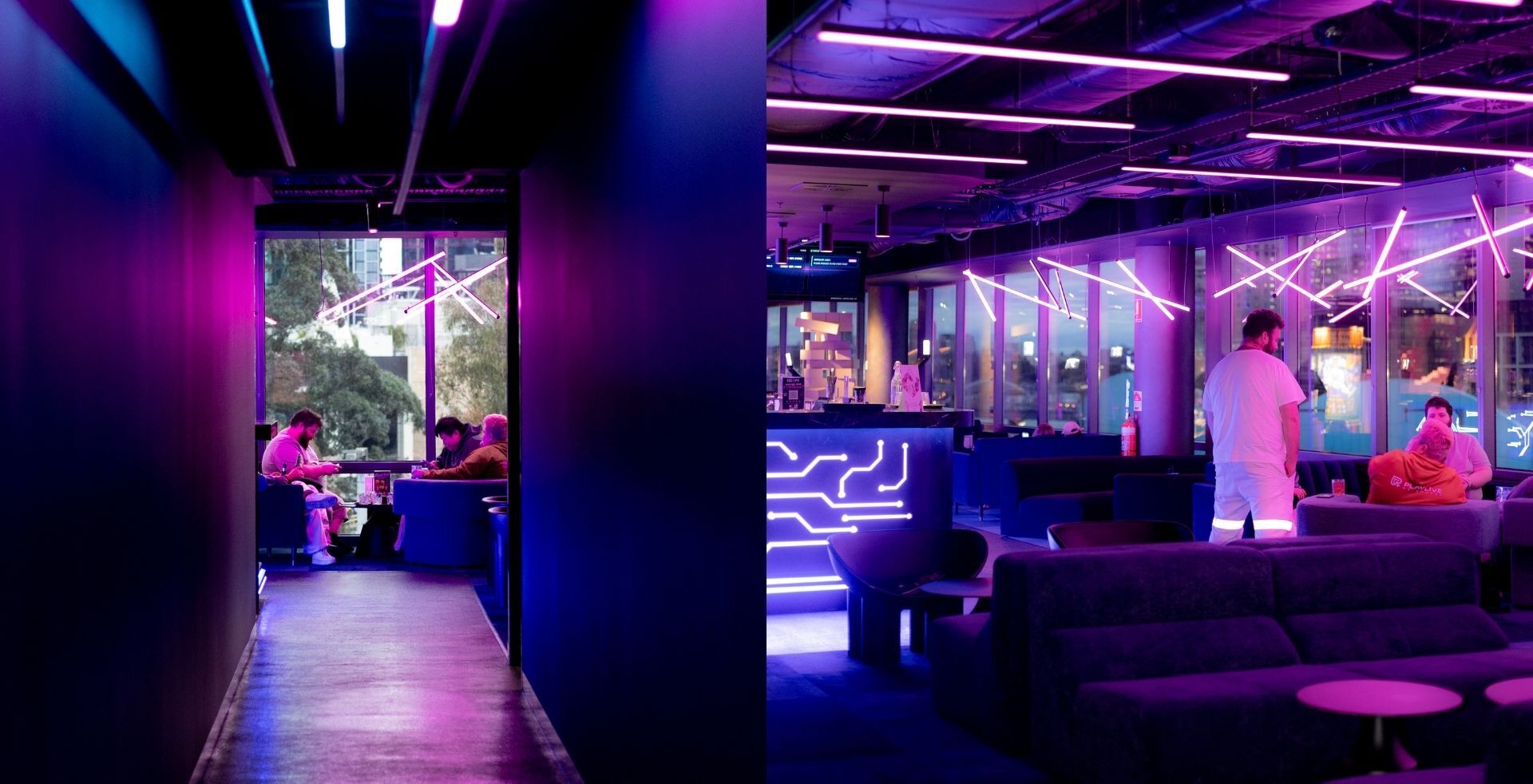 Crossed neon battens above velvet lounge seating at The Great Escape, designed by Chad&Wick