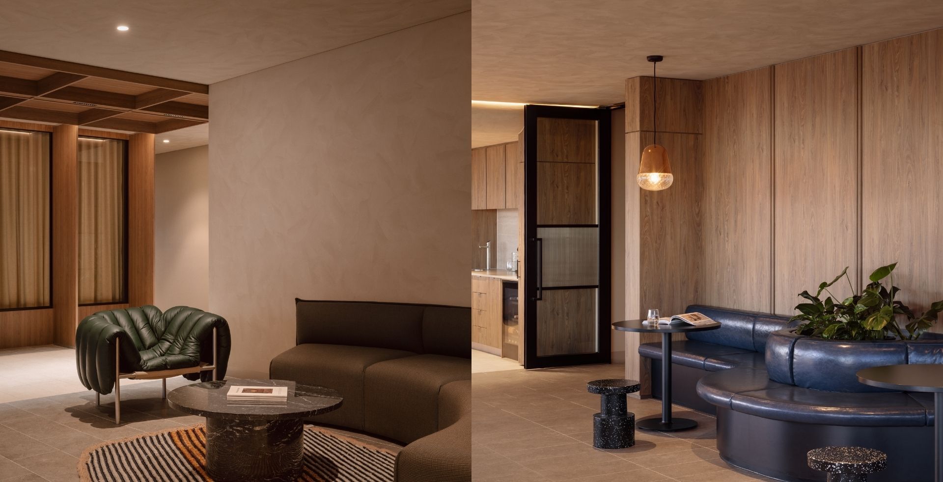 Lounge setting and curved leather booths give the Mazzei office two distinct breakout moods