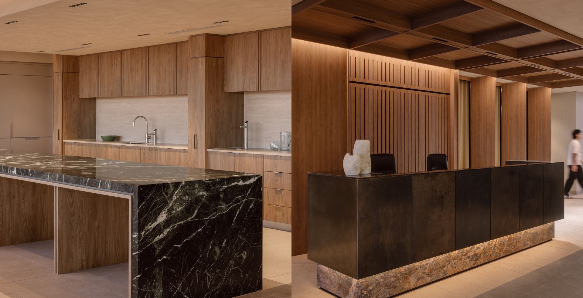 Stone island bench and bronze reception desk showing the material palette across Mazzei's fitout