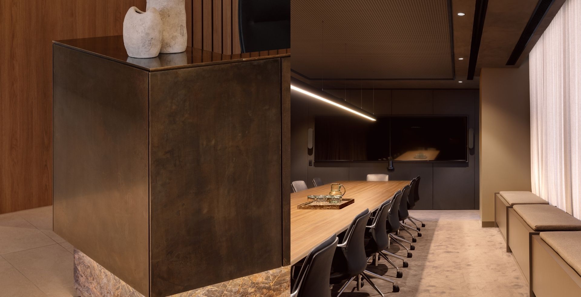Patinated bronze desk detail with the boardroom beyond, part of Amicus' fitout for Mazzei