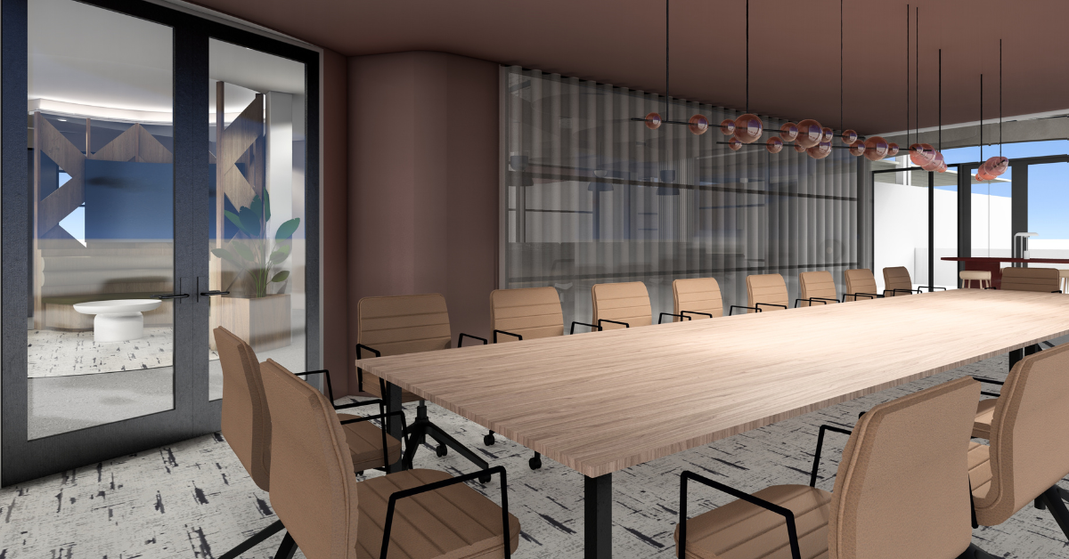Office design renders showing a boardroom design