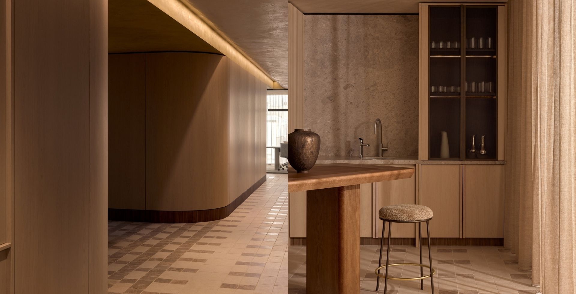 Curved timber joinery and tiled flooring leading to a glass-fronted servery at Lowe Living
