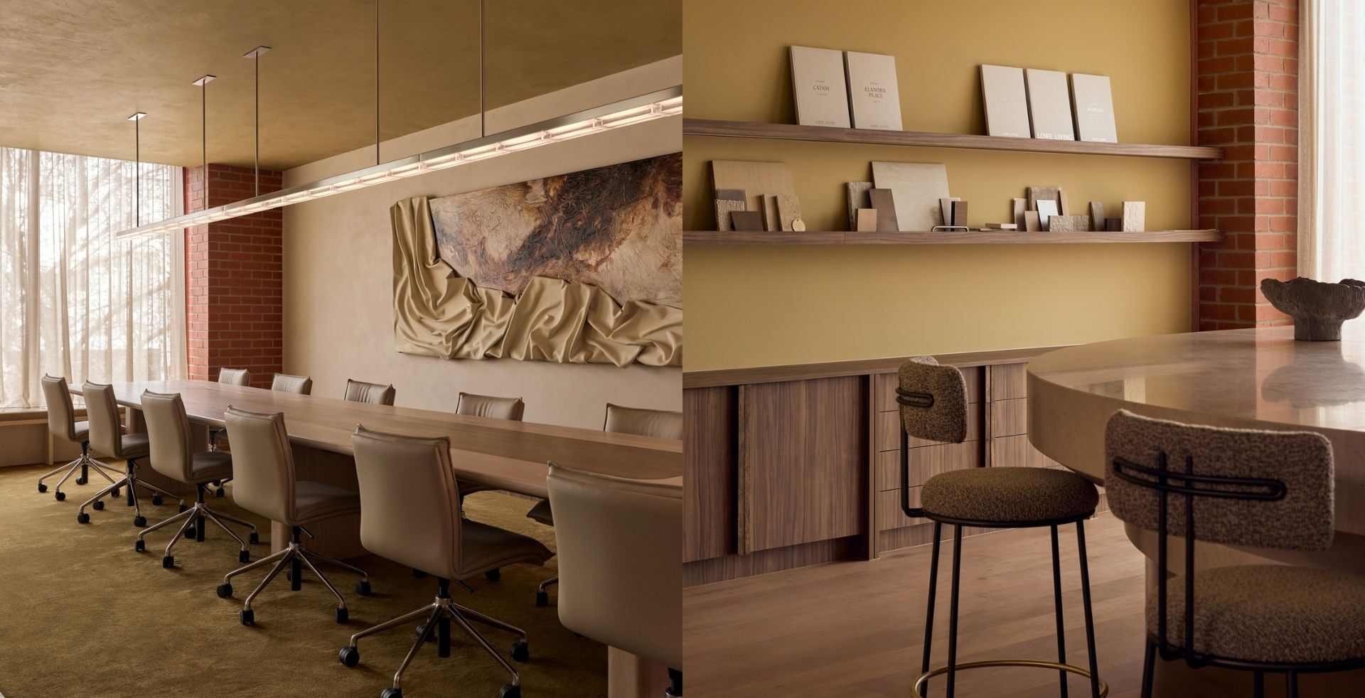 Boardroom with leather chairs and sculptural artwork beside a display of material samples at Lowe Living