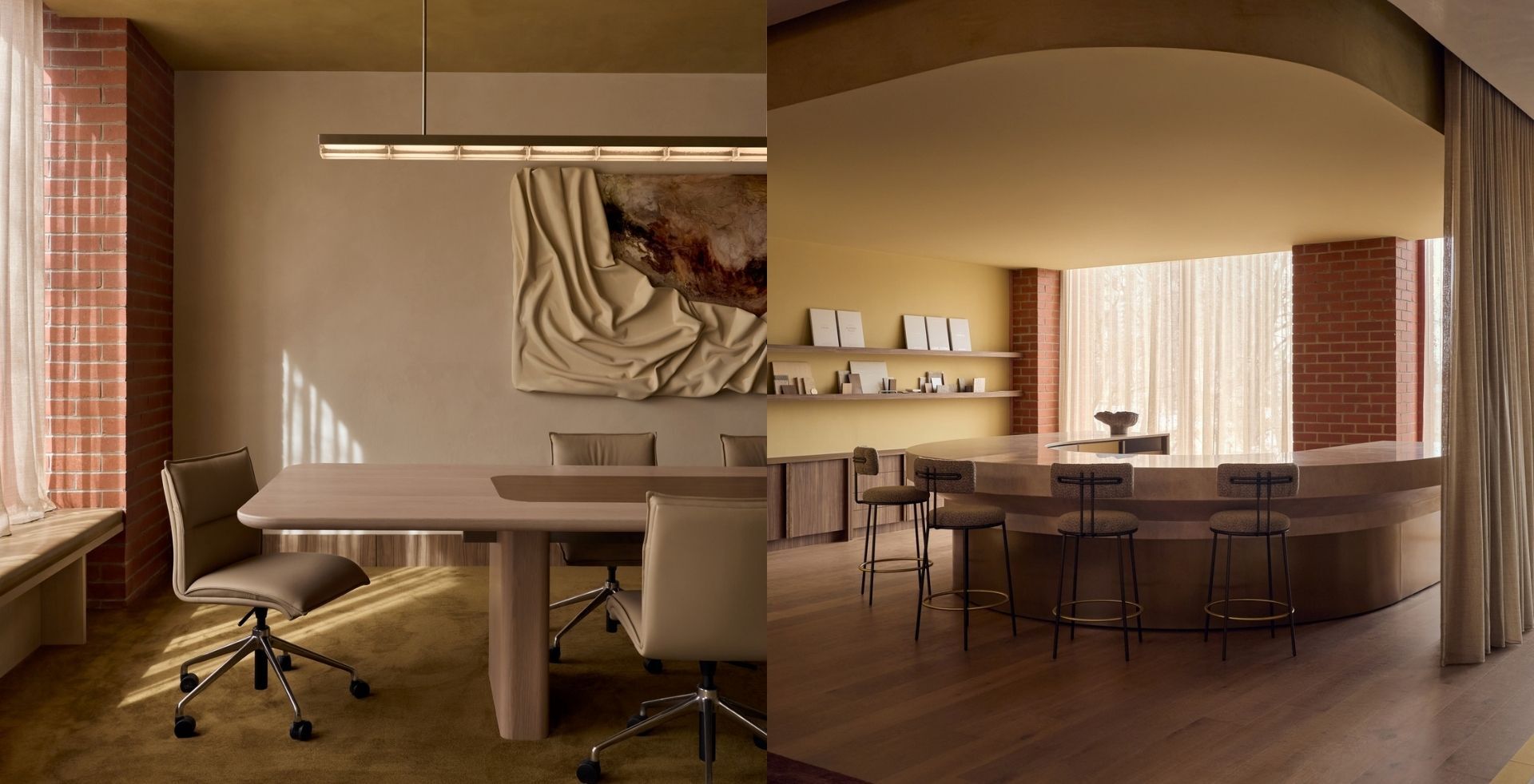 Meeting room and curved counter with display shelving in Lowe Living's workplace transformation by Amicus