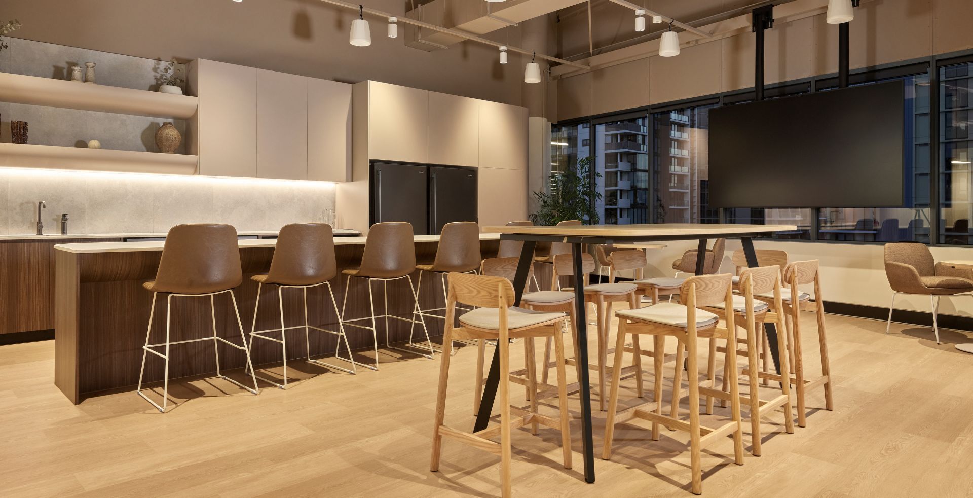 office breakout space and kitchen