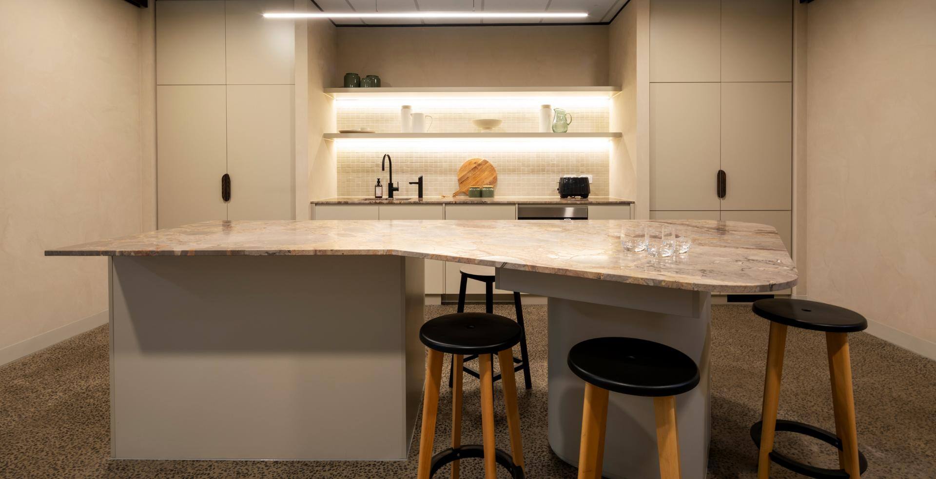 modern office kitchen design with low lighting