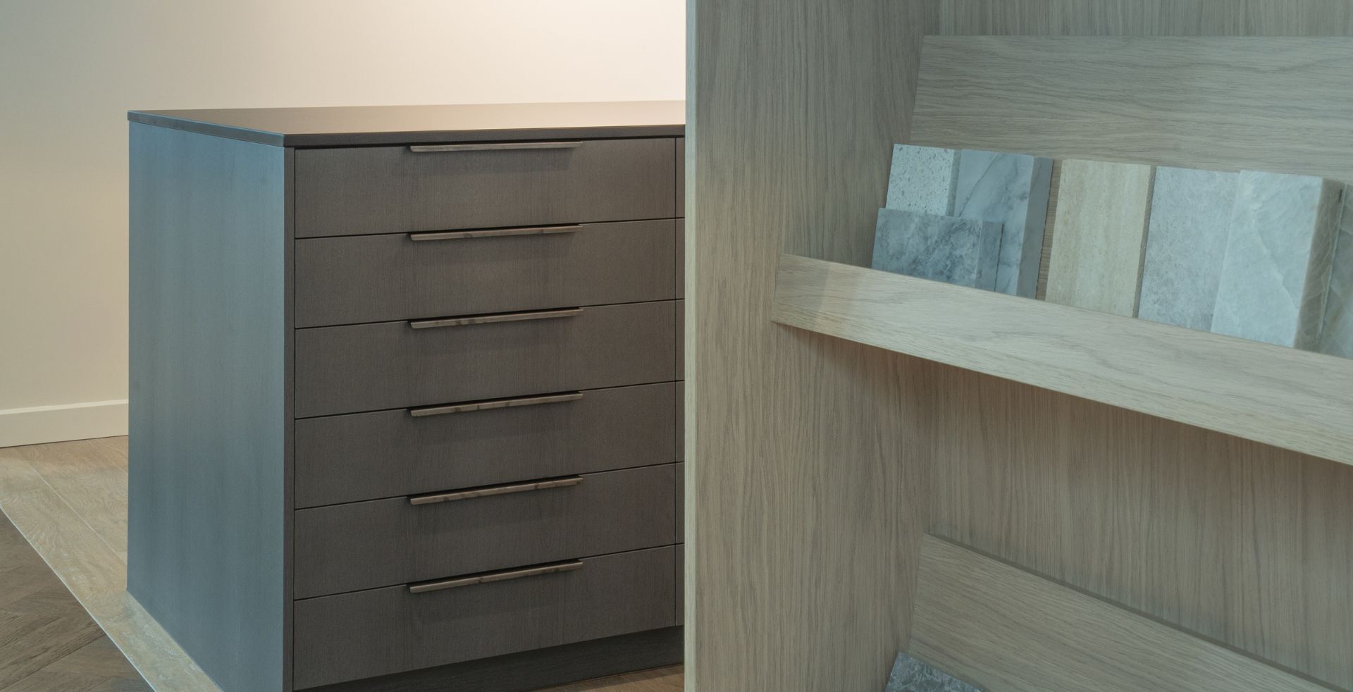 Joinery detail with integrated material sample shelving