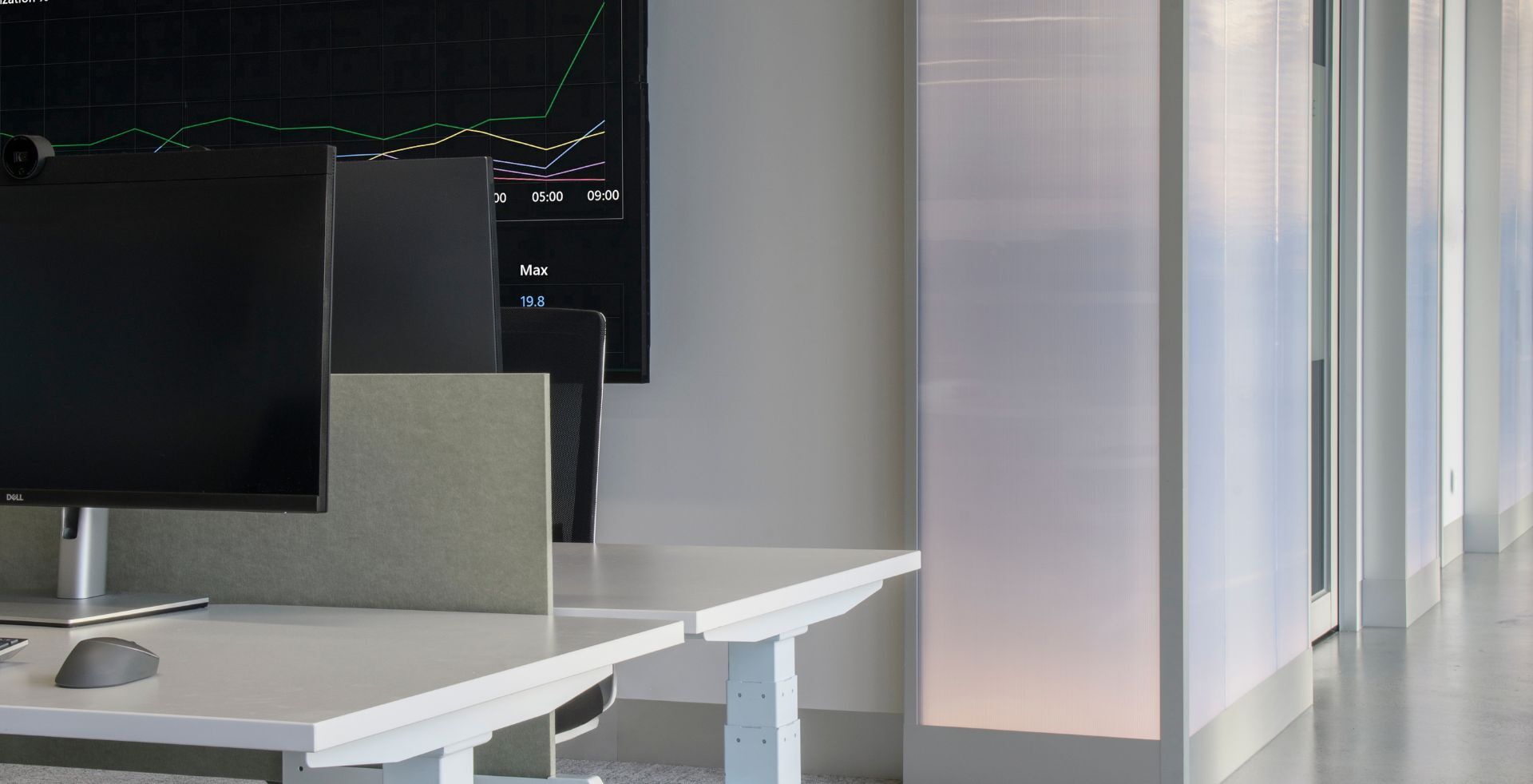 Workstation area with sit-stand desks and digital display screens