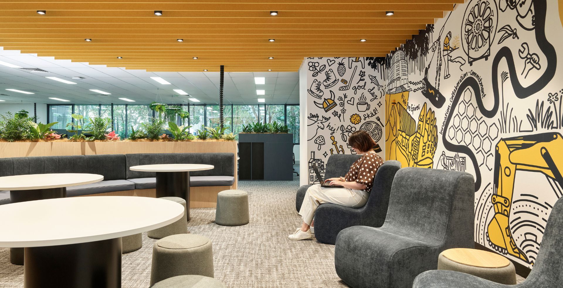 breakout communal area with mural