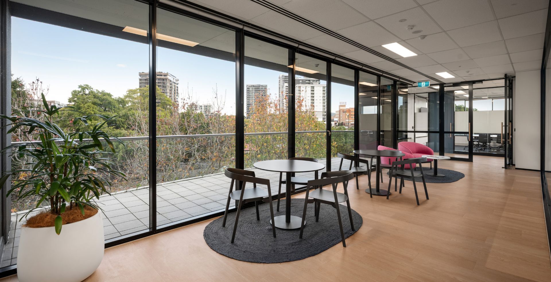 Breakout hallway and large windows leading to an outdoor balcony for Diabetes Australia's office
