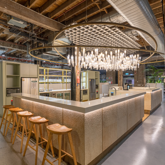 Modern light fixture in Domain's open space kitchen