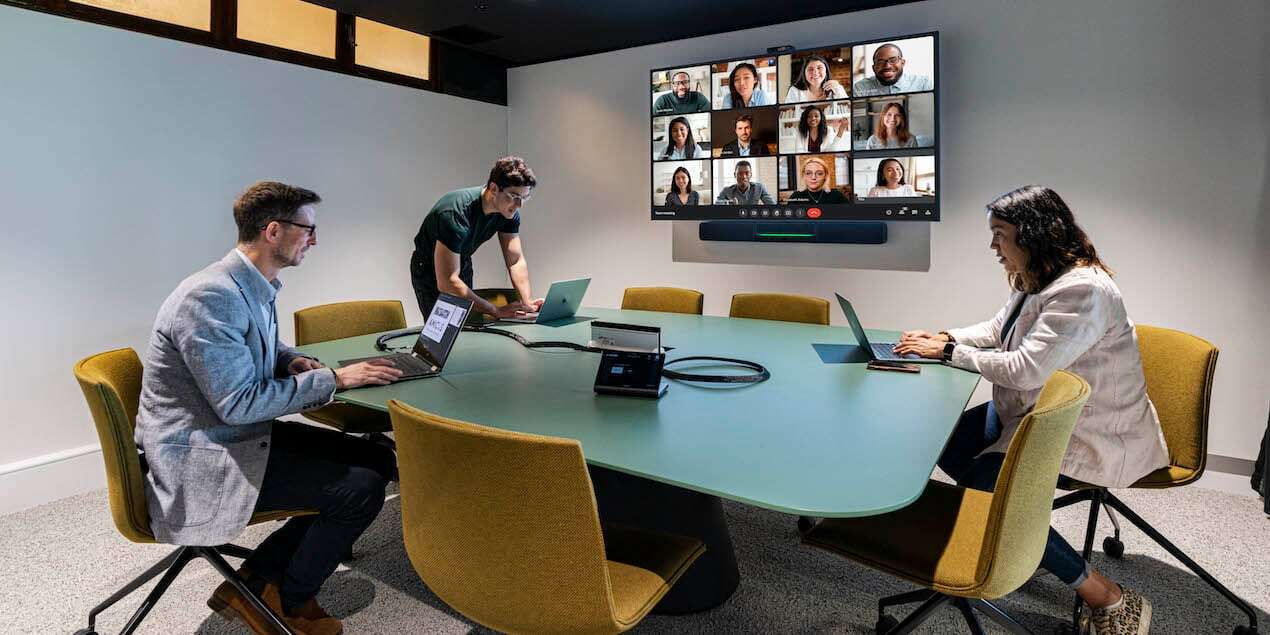 An office meeting space designed for hybrid working