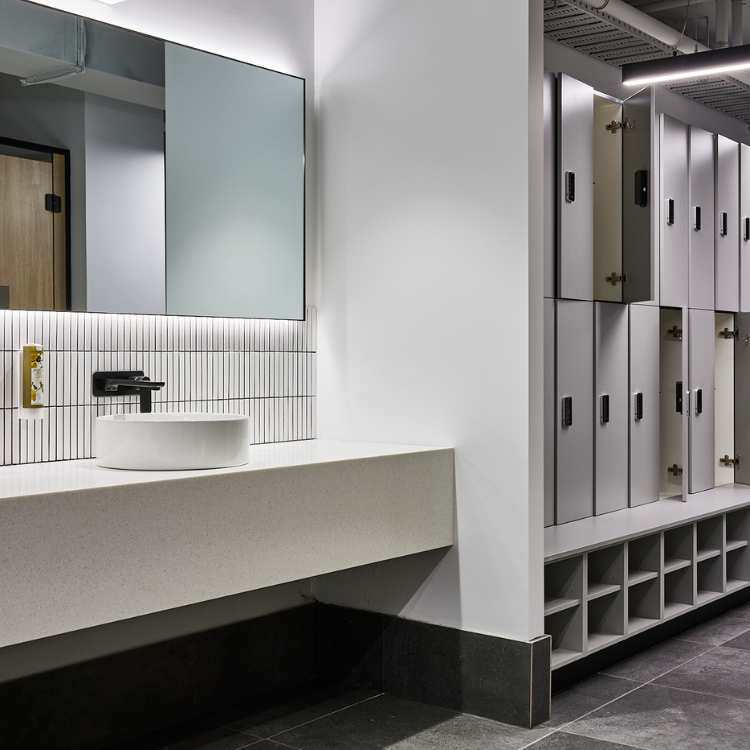 bathroom and locker design in a gym