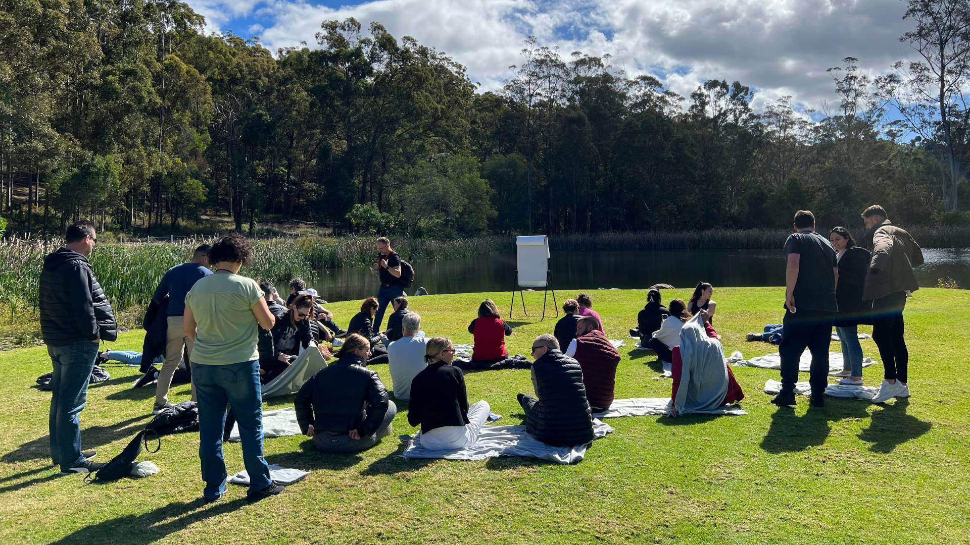 Gathering of people doing team building activities