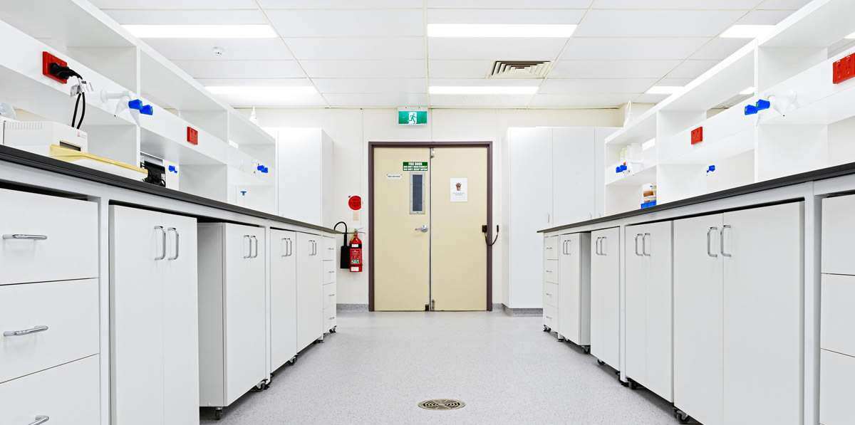 A laboratory fitout showing lab benches and cabinets