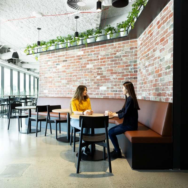 Two people are sitting at a table in a modern cafe with exposed brick walls and large windows. Engaged in conversation about workplace strategy, there's a row of plants above them on a shelf. The cafe has a bright, airy atmosphere with additional seating in the background.