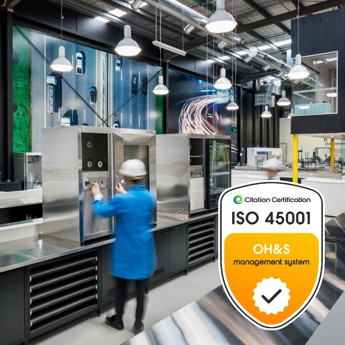 iso 45001 certified logo against a laboratory background